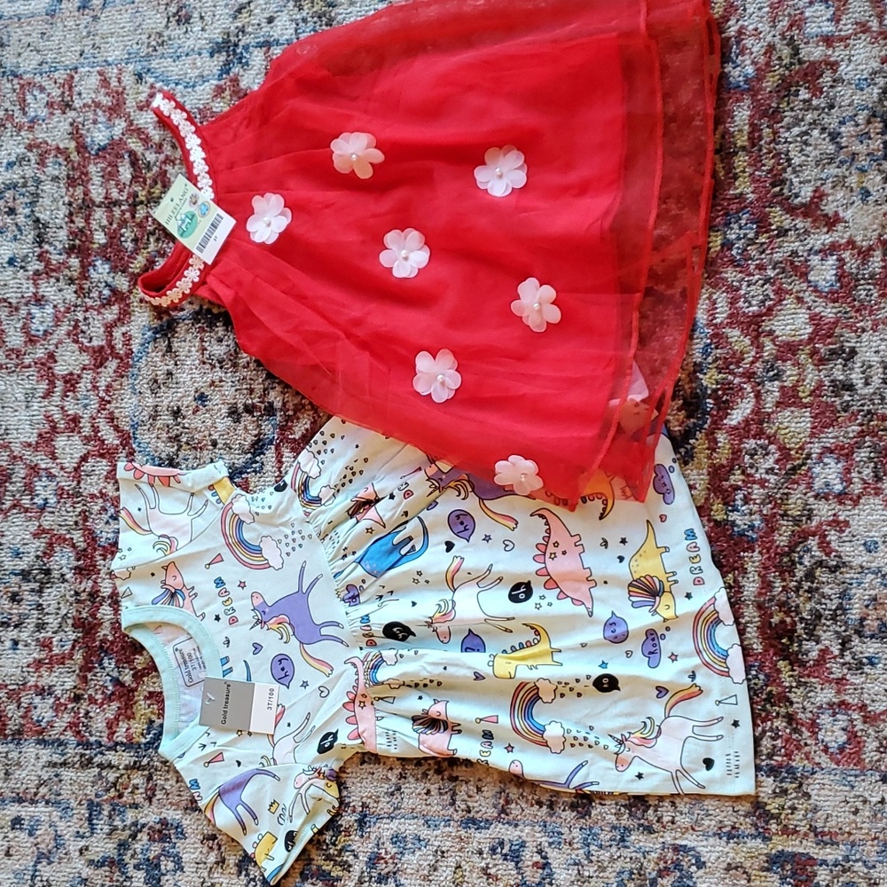 NEW 2 Rainbow dream unicorns & red tulle white applique flower dresses 3T